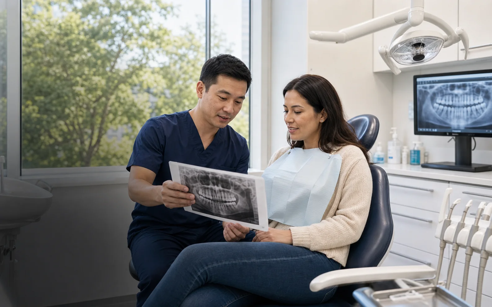 A Dentaire dentist reviewing a dental X-ray with a patient