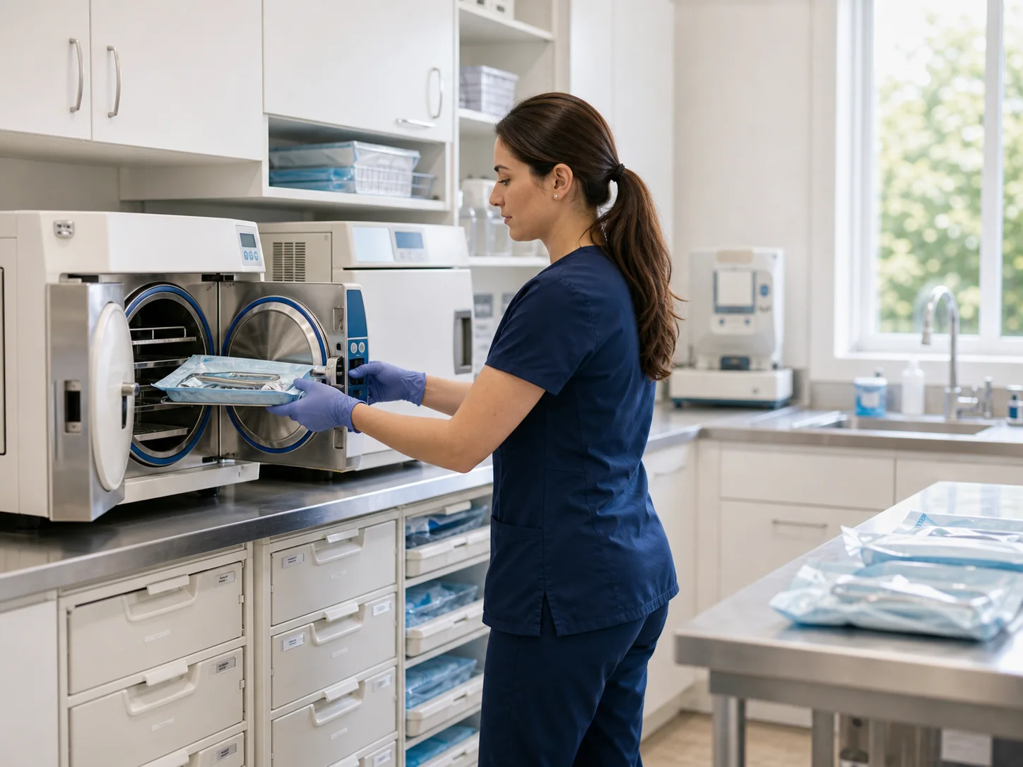 A Dentaire assistant working in the sterilization room
