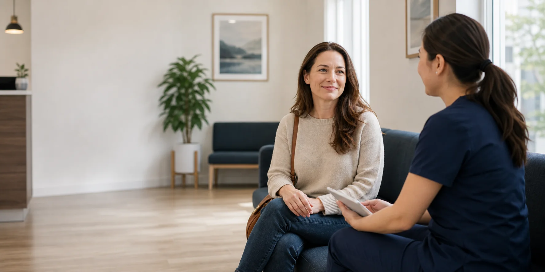 A patient speaking with the Dentaire patient coordinator
